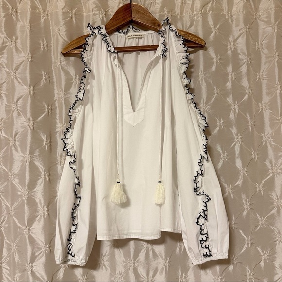 Ulla Johnson Amandine Cold Shoulder Poplin Blouse White Ruffle Peasant Top Boho - Picture 2 of 13